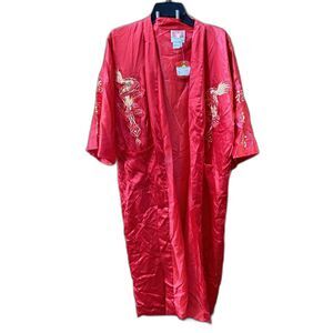 Satin Kimono Robe Red Orange Embroidered Dragon Pockets No Belt Lined New XXL